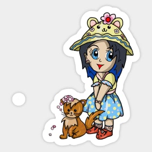 A cute cartoon girl with her cat and pink flowers Sticker